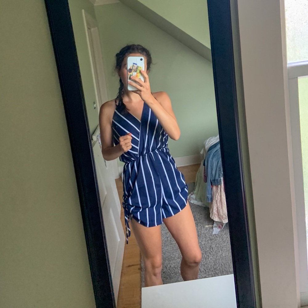 Nice quality blue and white halter top romper